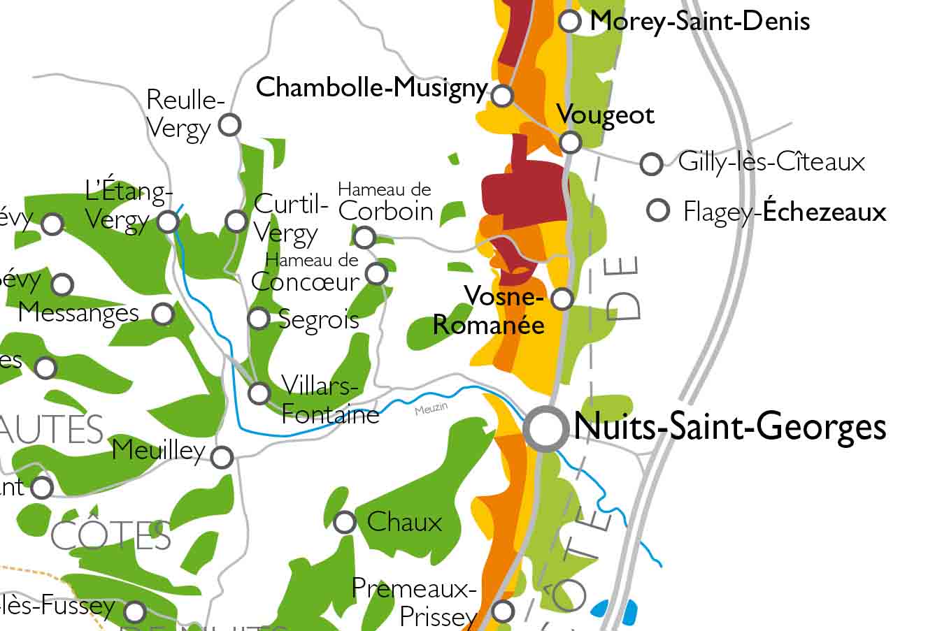 Carte de la Côte de Nuits et Hautes Côtes de Nuits en Bourgogne