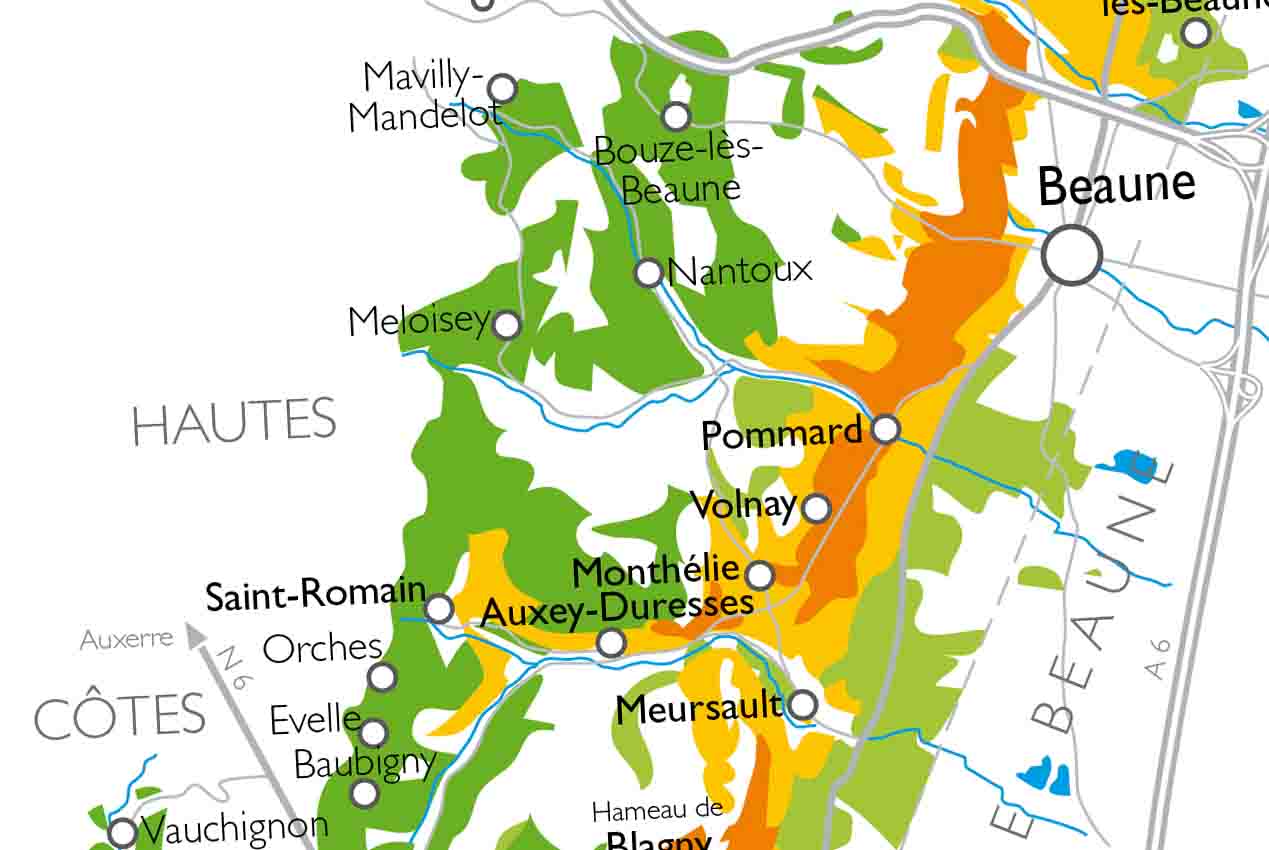 Carte de le Côte de Beaune et Haute Côtes de Beaune en Bourgogne