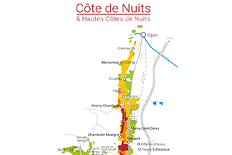 Carte de la Côte de Nuits et Hautes Côtes de Nuits en Bourgogne