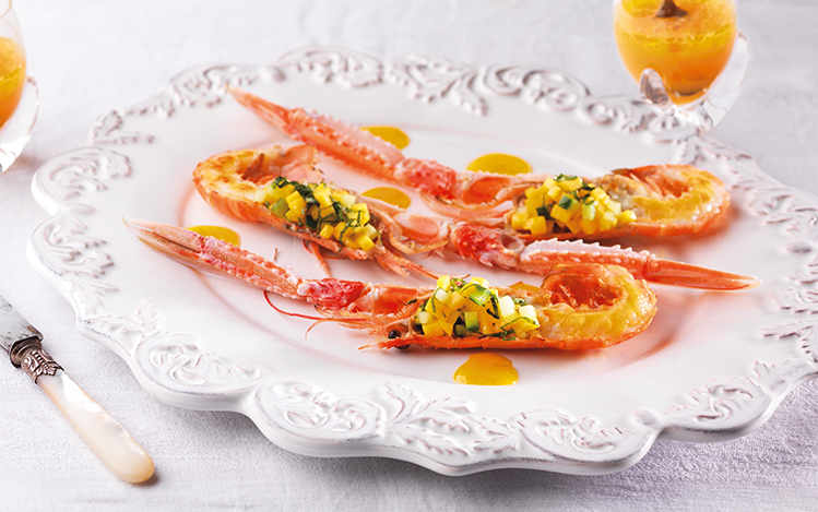 Langoustines snackées vinaigrette à la mangue