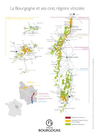Carte de la Bourgogne viticole et ses cinq régions