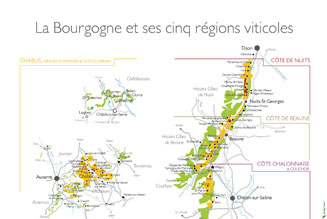 Carte de la Bourgogne viticole et ses cinq régions